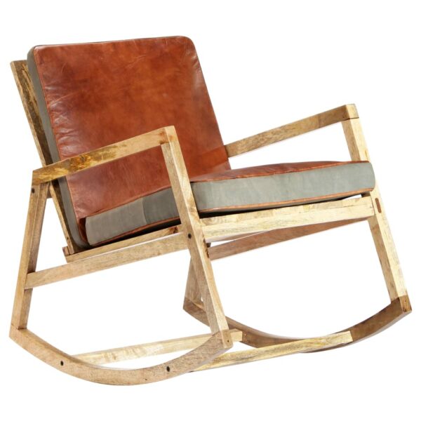 vidaXL Rocking Chair Brown Real Leather and Solid Mango Wood - Image 7