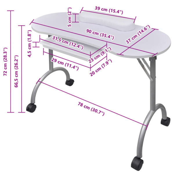 Folding Manicure Nail Table with Castors White - Image 6