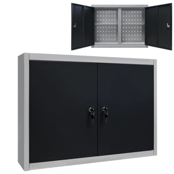 vidaXL Wall Mounted Tool Cabinet Industrial Style Metal Grey and Black - Image 1