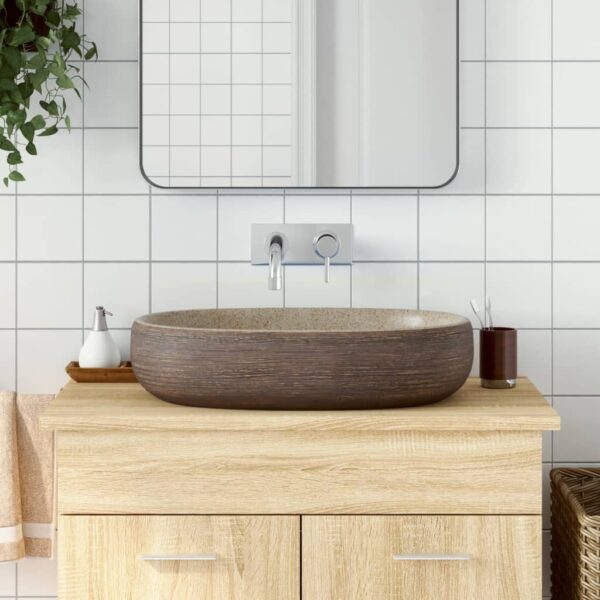 vidaXL Countertop Basin Sand and Brown Oval 59x40x14 cm Ceramic - Image 1