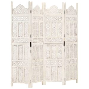 vidaXL Hand carved 4-Panel Room Divider White 160x165 cm Solid Mango Wood