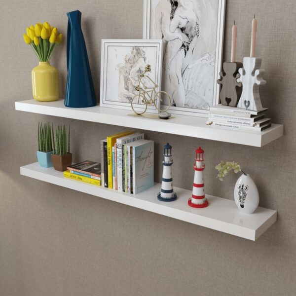 2 White MDF Floating Wall Display Shelves Book/DVD Storage - Image 1