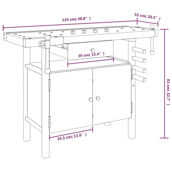vidaXL Workbench with Drawer and Vices 124x52x83 cm Solid Wood Acacia - Image 10