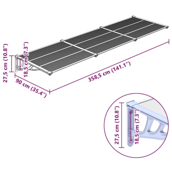 vidaXL Door Canopy Grey and Transparent 358.5x90 cm Polycarbonate - Image 6