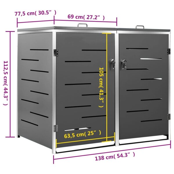 vidaXL Double Wheelie Bin Shed 138x77.5x112.5 cm Stainless Steel - Image 12
