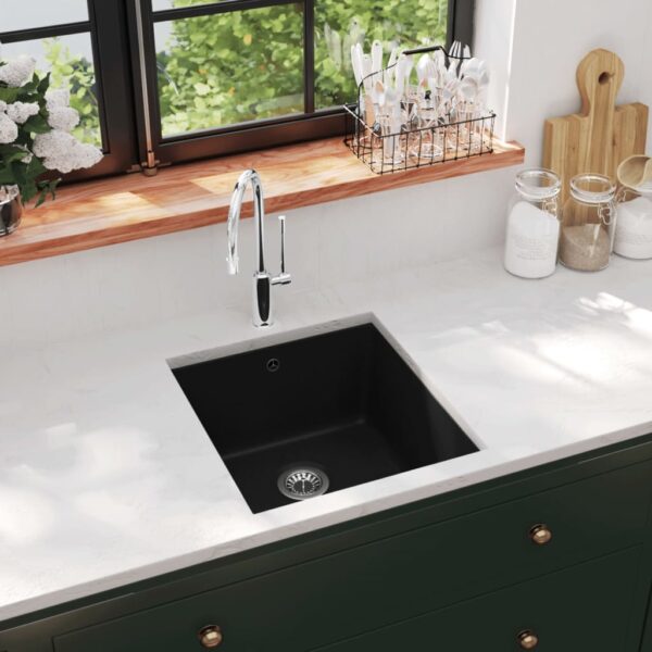 vidaXL Granite Kitchen Sink Single Basin Black - Image 1