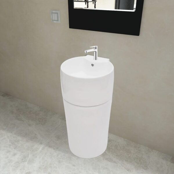 vidaXL Ceramic Stand Bathroom Sink Basin Faucet/Overflow Hole White - Image 1