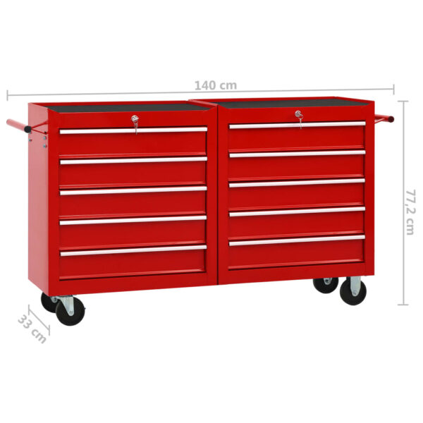 vidaXL Tool Trolley with 10 Drawers Steel Red - Image 9