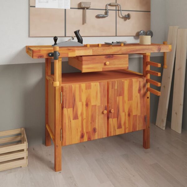 vidaXL Workbench with Drawer and Vices 124x52x83 cm Solid Wood Acacia - Image 1