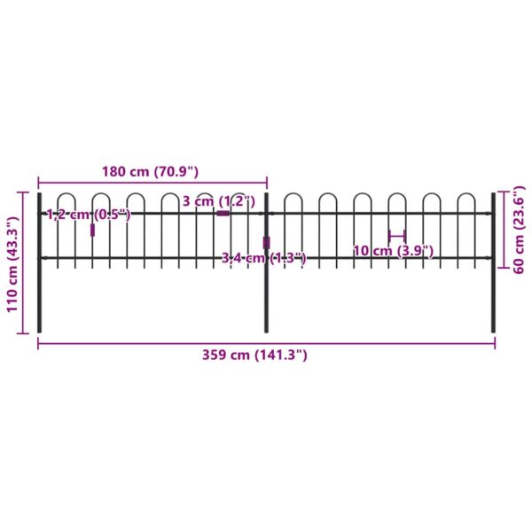 vidaXL Garden Fence with Hoop Top Steel 359x60 cm Black - Image 5