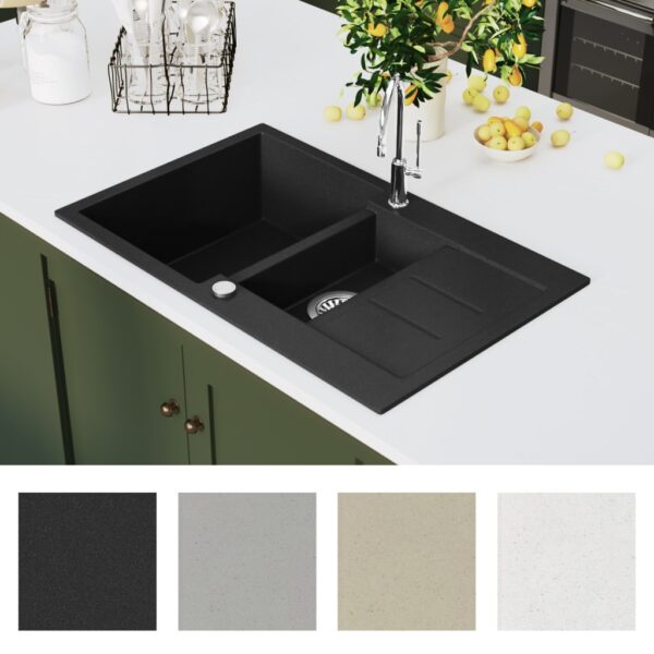vidaXL Granite Kitchen Sink Double Basin Black - Image 7