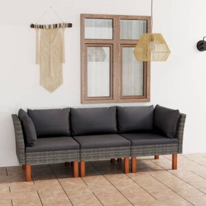 vidaXL 3-Seater Garden Sofa with Cushions Grey Poly Rattan