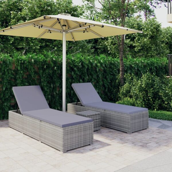 vidaXL 3 Piece Garden Sun Loungers with Tea Table Poly Rattan Grey - Image 1