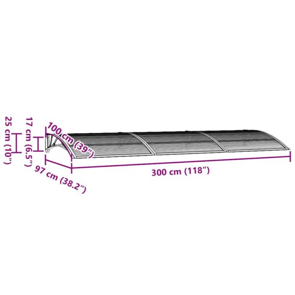 vidaXL Door Canopy Grey 300x100 cm Polycarbonate - Image 7